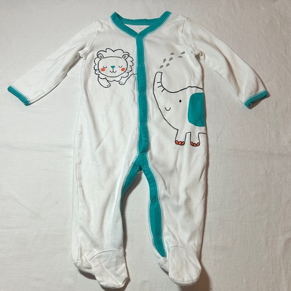 Koala Baby - White and Teal Kids One Piece Sleeper with Elephant and Lion Design - Picture 1 of 3